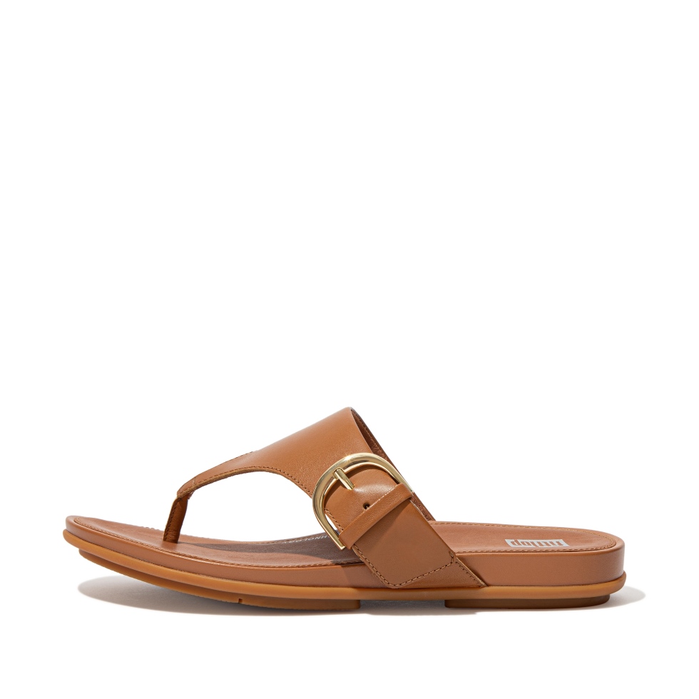 صندل Fitflop جرايسي من الجلد بإبزيم عند الأصابع بلون بني فاتح