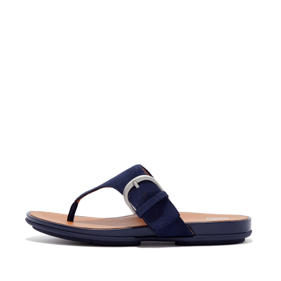 صندل Fitflop جرايسي بإبزيم من جلد الغزال عند إصبع القدم كحلي منتصف الليل