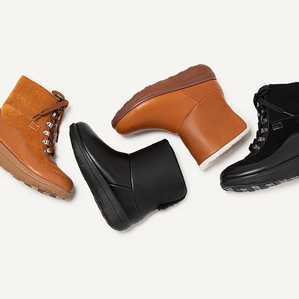 Fitflop Mukluk حذاء من الكاحل مبطّن بأربطة الشيرلنج بلون أسمر فاتح