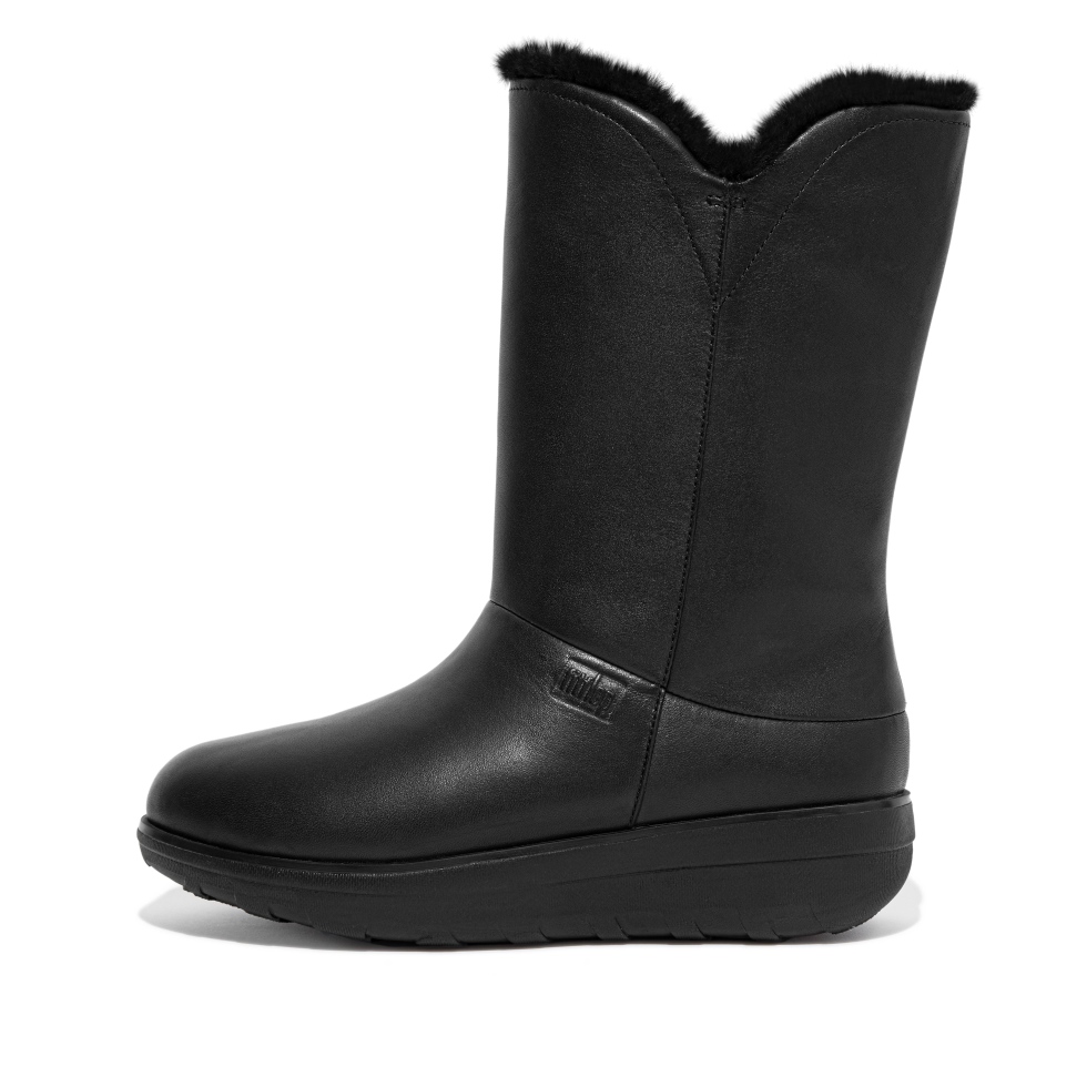 أحذية العجل Fitflop Mukluk المقاومة للماء من جلد البقر باللون الأسود